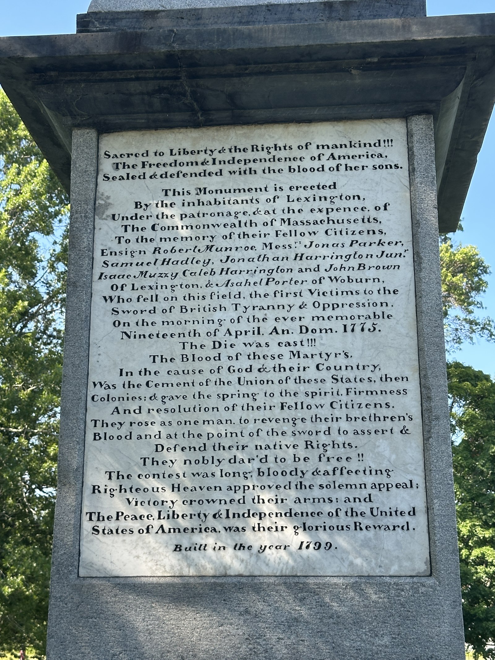 Sacred to Liberty monument inscription, Lexington Battle Green