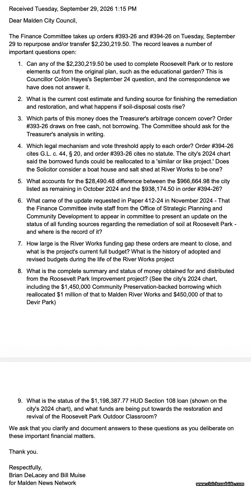 Malden News Network emails questions to the City Council