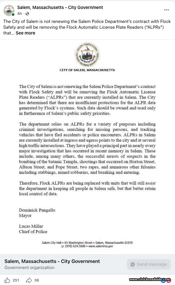 Facebook post from the City of Salem, Massachusetts government page announcing the Flock Safety non-renewal