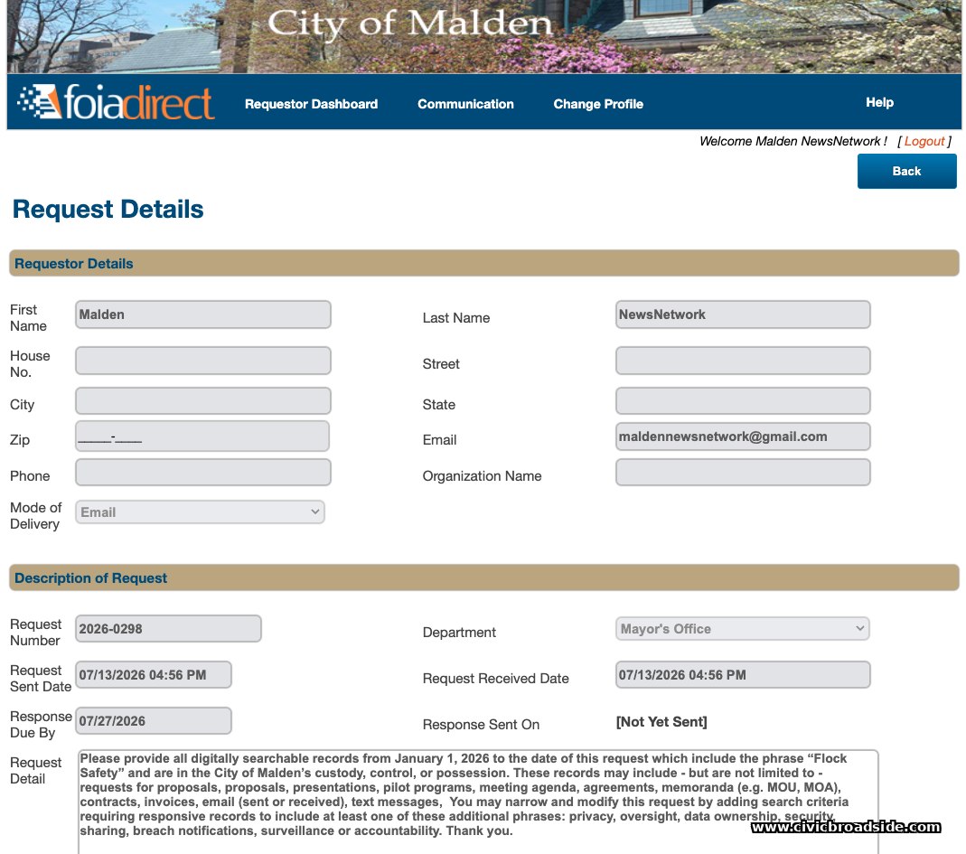 Screenshot of MNN's public records request to the City of Malden, filed through the FOIAdirect portal on July 13, 2026, request number 2026-0298