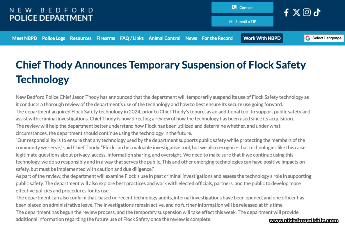 New Bedford Police Department announcement: 'Chief Thody Announces Temporary Suspension of Flock Safety Technology'