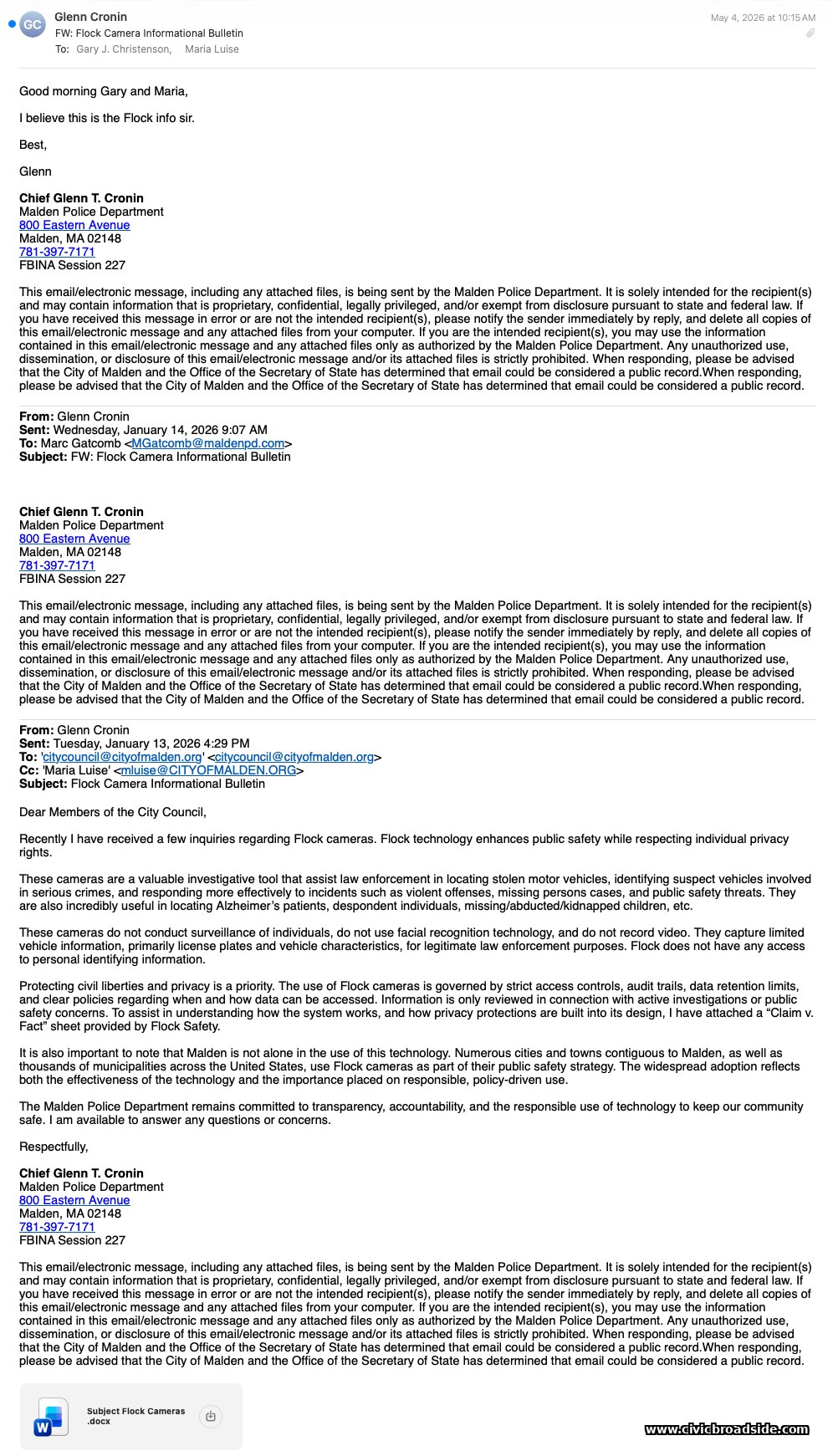 Email chain forwarded to Mayor Gary Christenson on May 4, 2026, reading 'I believe this is the Flock info sir,' showing the message had first been sent by Chief Glenn Cronin to the City Council on January 13, 2026