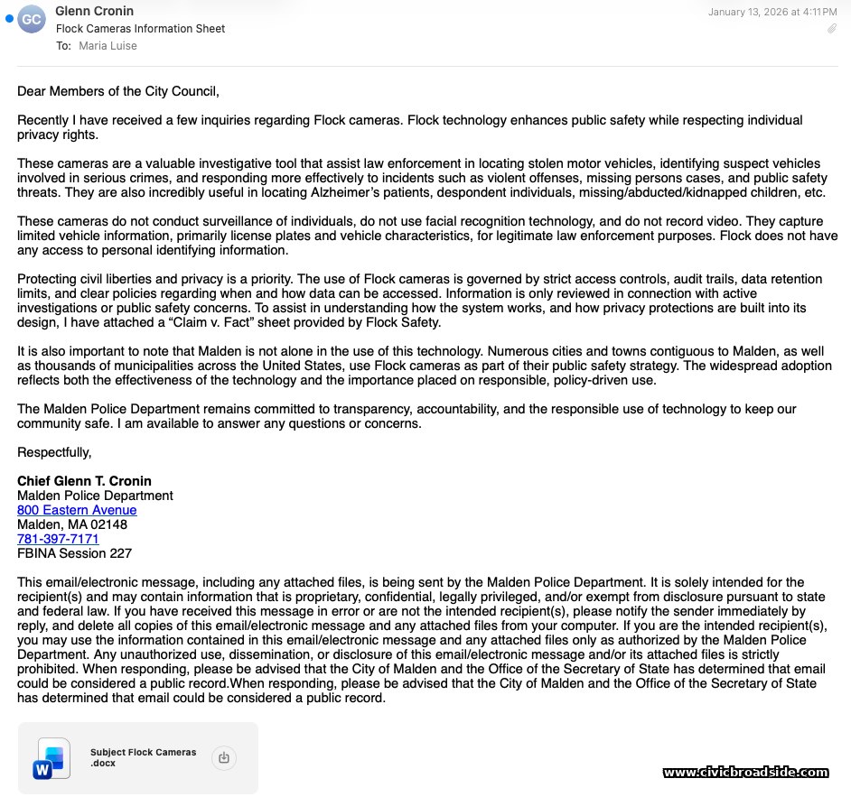 Email from Chief Glenn Cronin to the Malden City Council, dated January 13, 2026, subject 'Flock Cameras Information Sheet'
