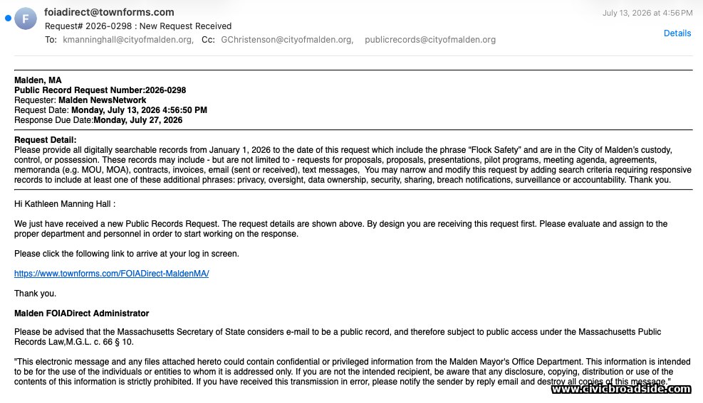 Public records portal confirmation of Request #2026-0298 from Malden NewsNetwork, filed July 13, 2026, copied to Mayor Christenson