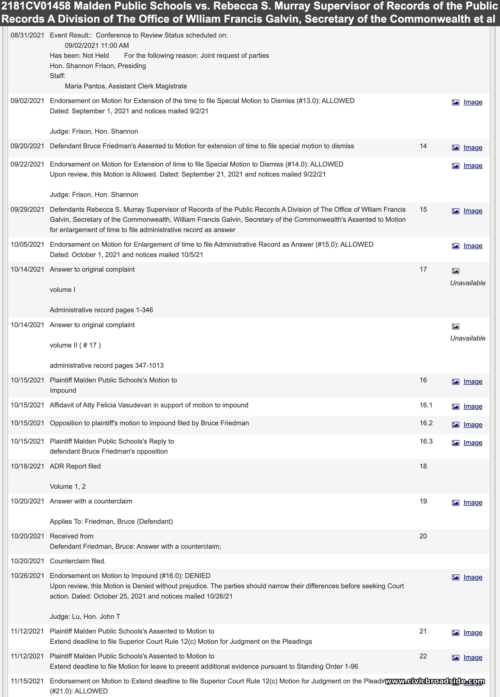 Suffolk Superior Court docket excerpt for Case No. 2181CV01458, September through November 2021