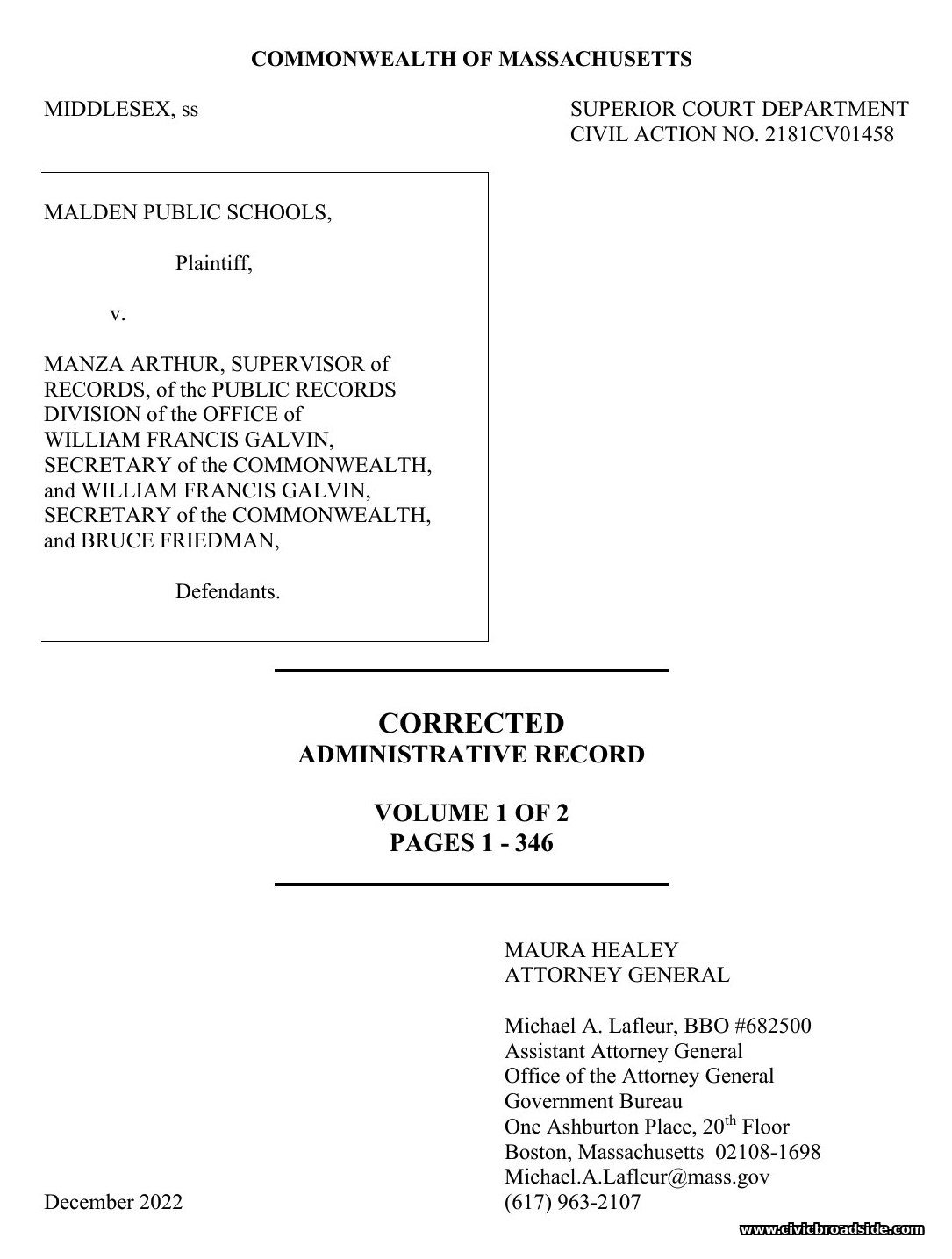 Cover page of the Corrected Administrative Record, Volume 1 of 2, Malden Public Schools v. Manza Arthur, Supervisor of Records, et al.