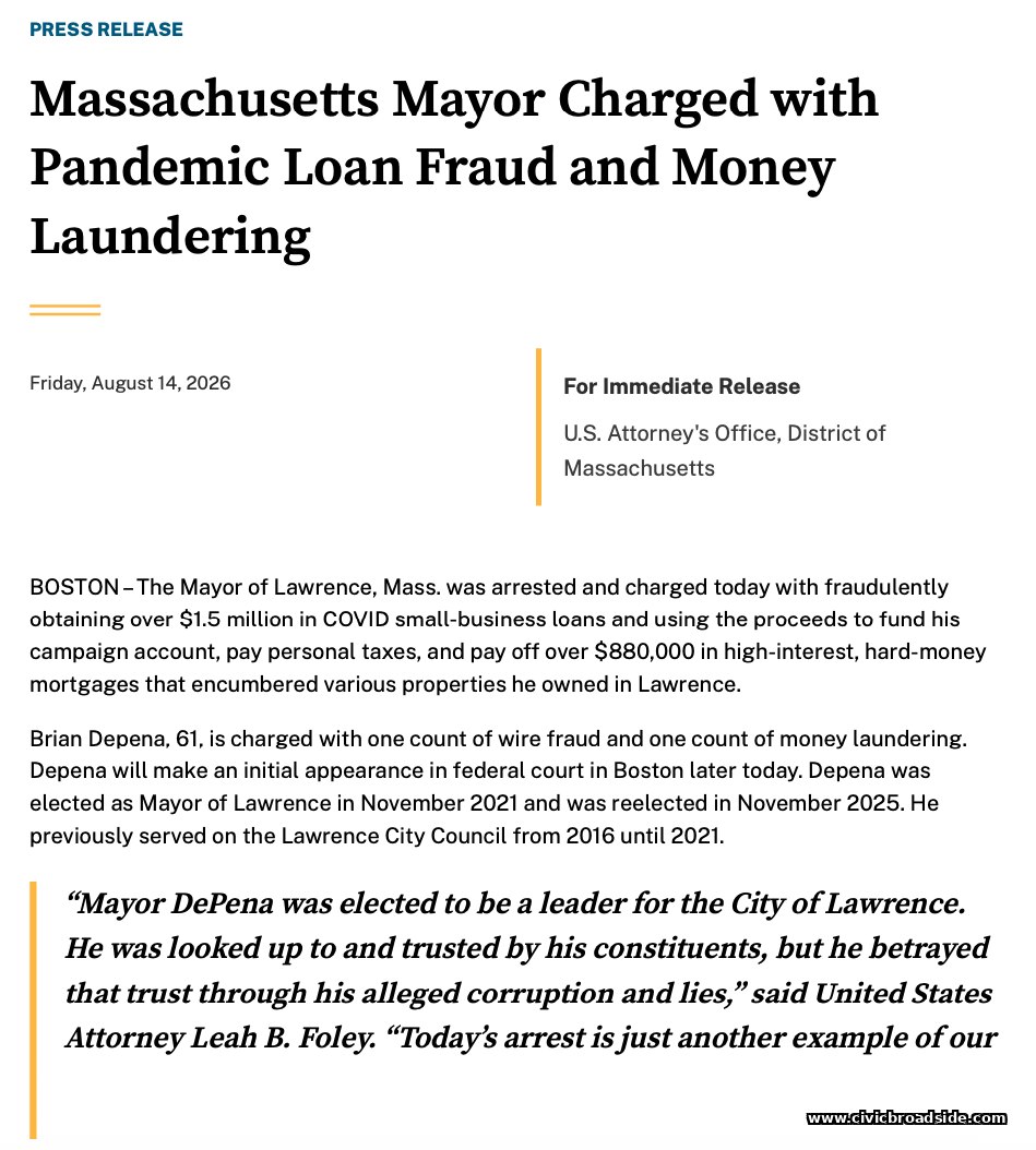 U.S. Department of Justice press release announcing charges against Mayor Brian Depena