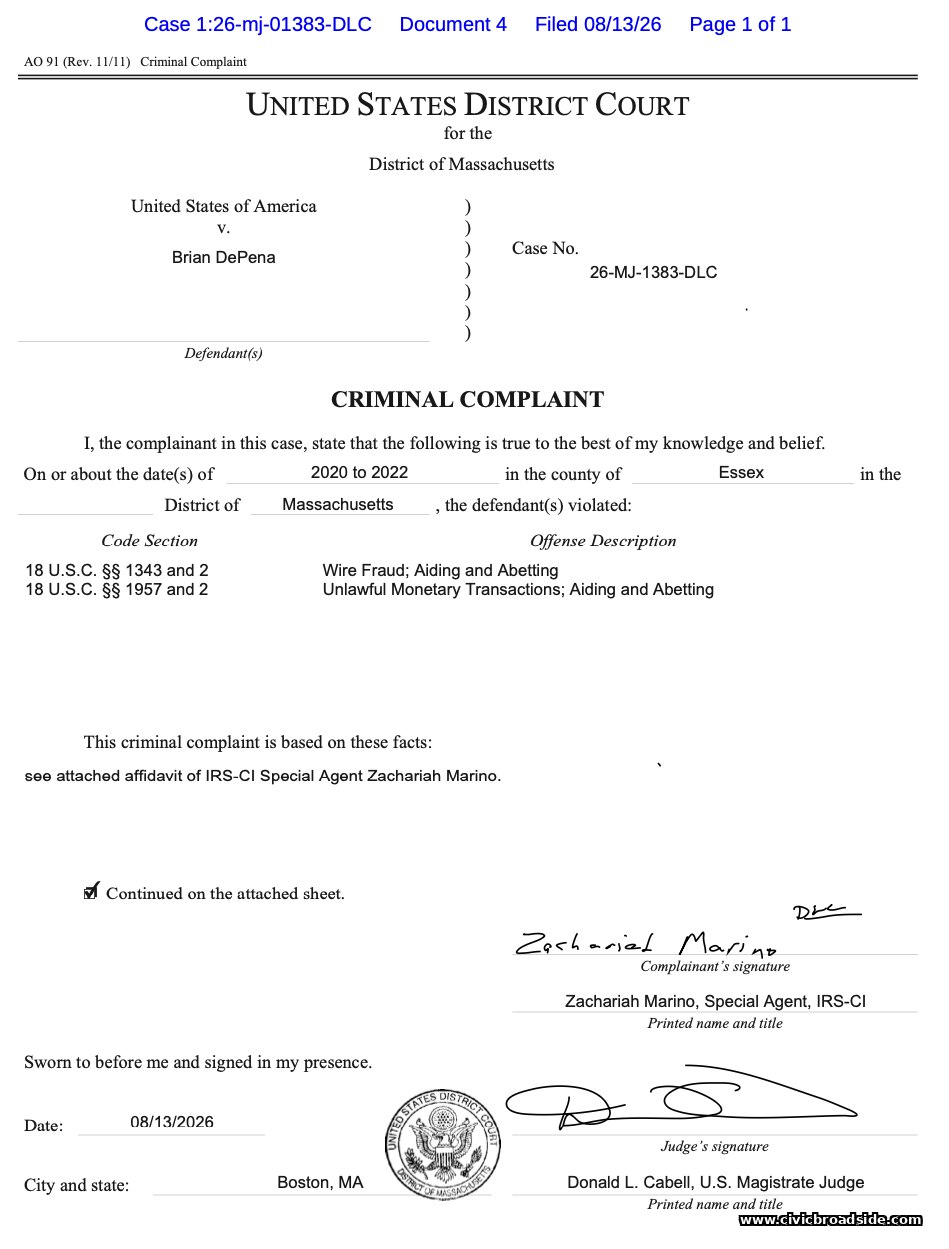 Federal criminal complaint filed against Brian Depena, August 13, 2026