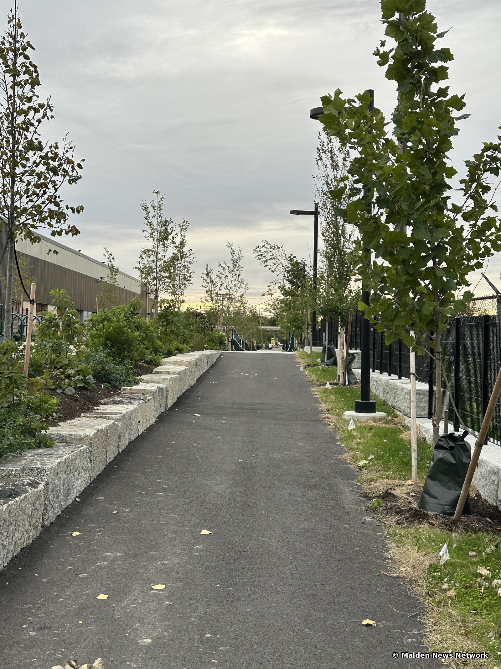 An asphalt path lined with granite curbing on the left and young trees, light poles, and a black fence on the right.