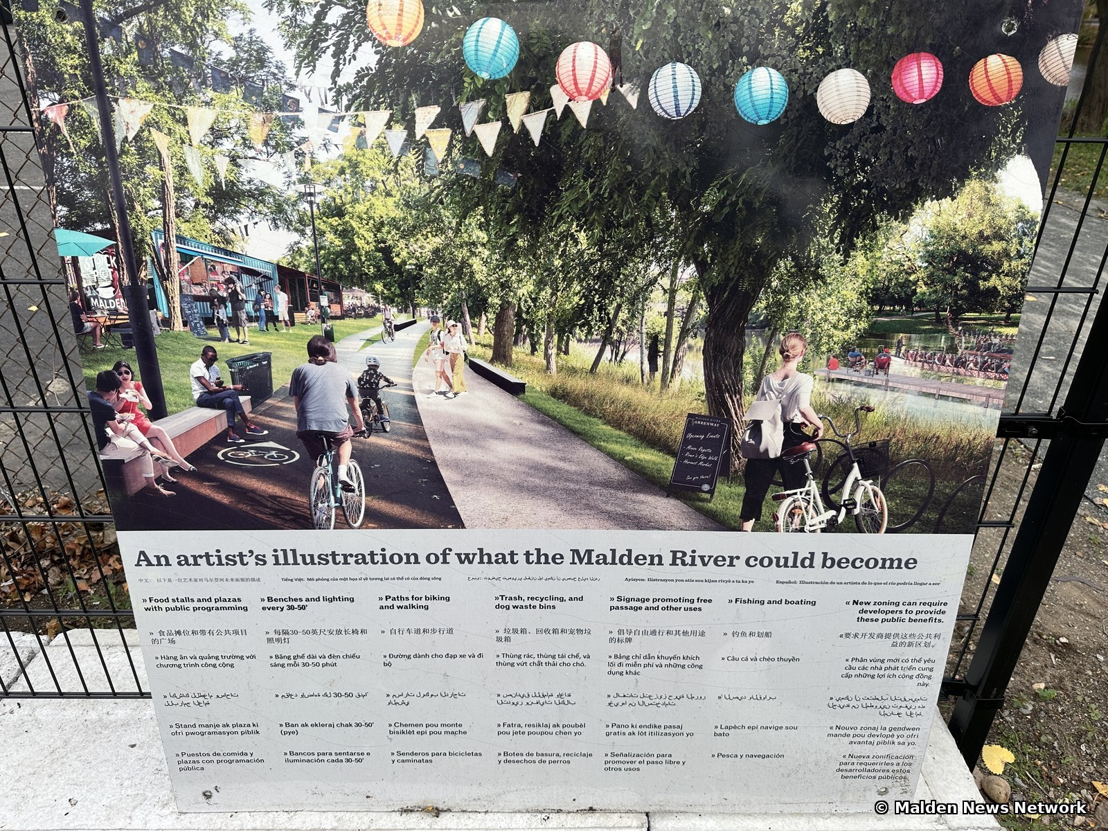 A posted sign showing an artist's illustration of a tree-lined riverside path with cyclists, benches, string lights, and food stalls, with a multilingual list of features below it.