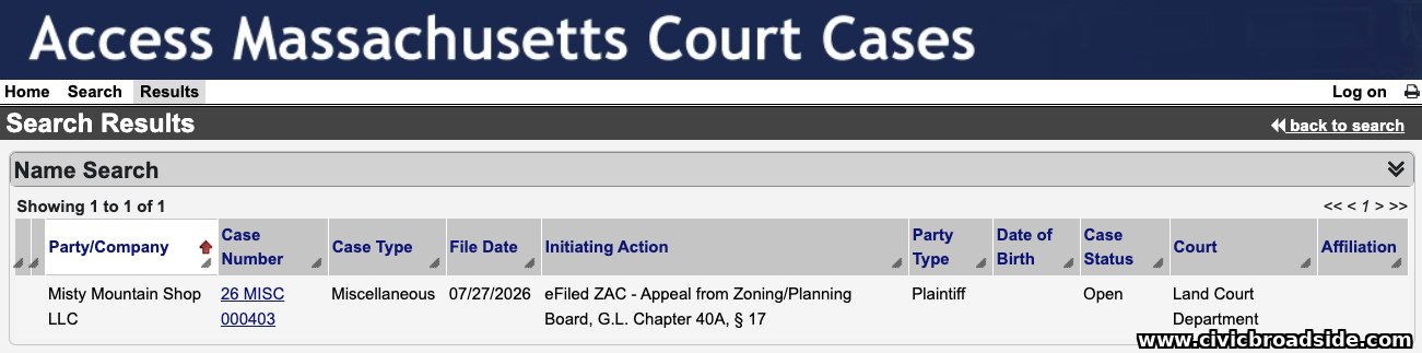 Massachusetts court case search result for Misty Mountain Shop LLC, case 26 MISC 000403, status: Open