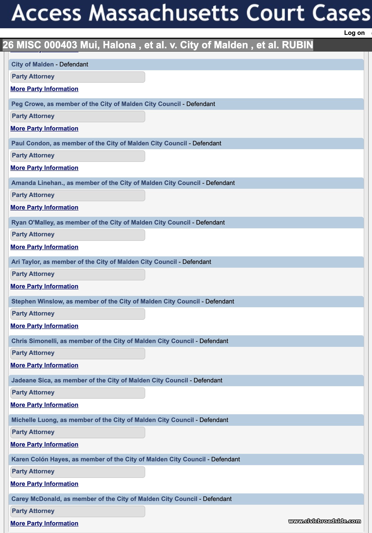 Massachusetts Trial Court public case docket for 26 MISC 000403, listing the City of Malden and each individual City Councillor as named defendants