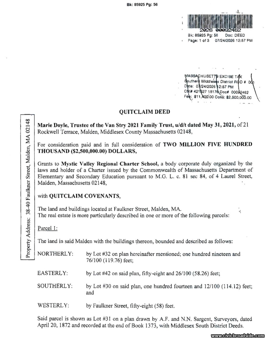 First page of the recorded quitclaim deed for 38-40 Faulkner Street