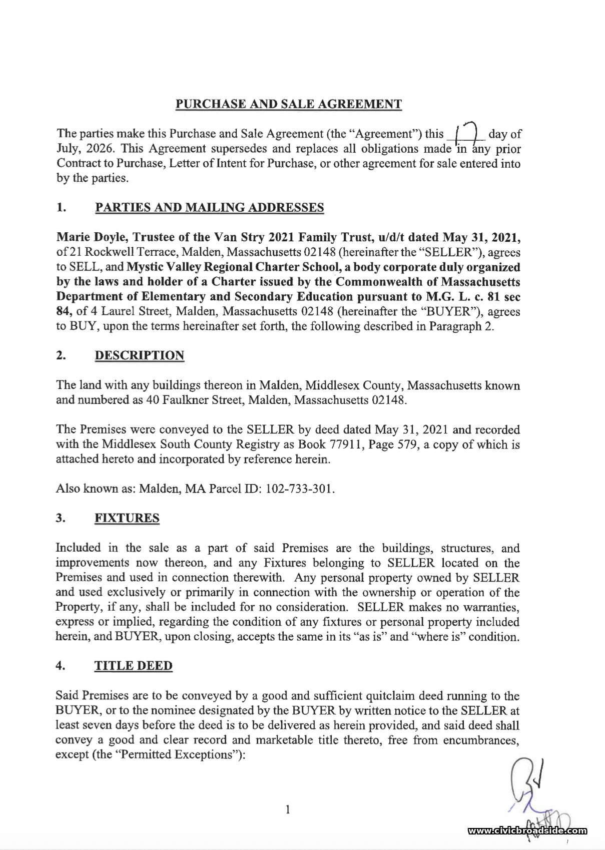 First page of the signed Purchase and Sale Agreement