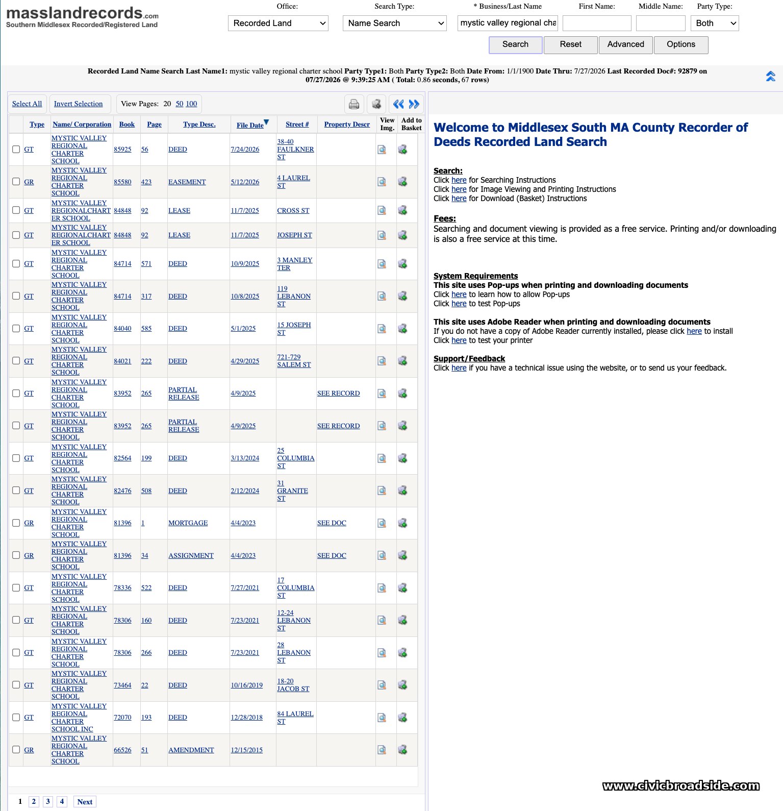 Massachusetts Land Records deed listing for some of the parcels acquired by Mystic Valley Regional Charter School