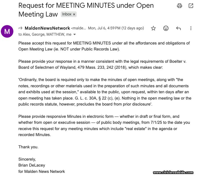 Screenshot of MNN's July 6 email requesting meeting minutes under the Open Meeting Law