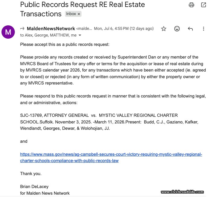 Screenshot of MNN's July 6 public records request for real estate transaction records, citing SJC-13769