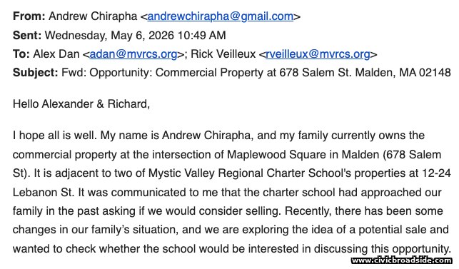 Email from Andrew Chirapha to Alex Dan and Rick Veilleux offering to discuss sale of 678 Salem Street