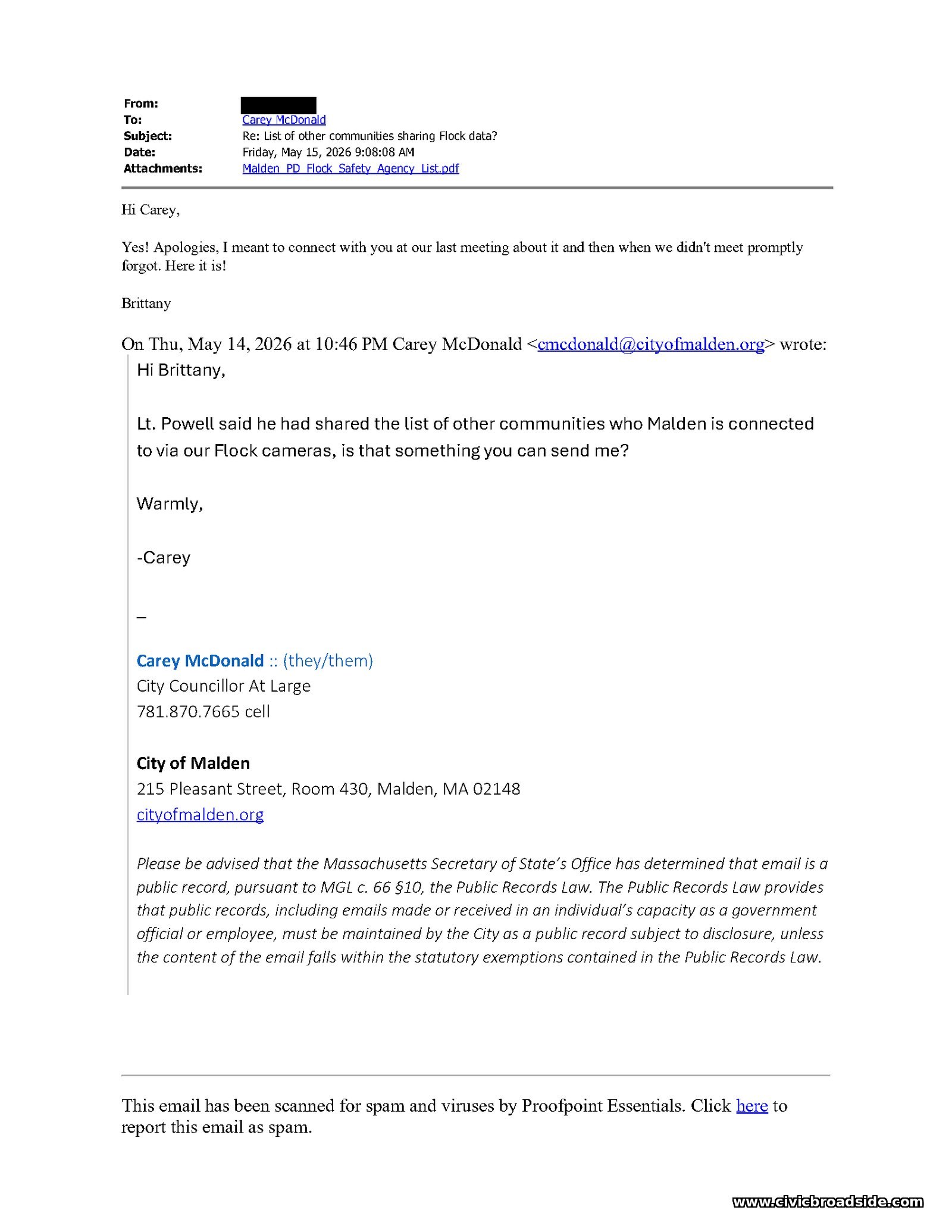 Email from Councillor Carey McDonald to a City staffer, May 14-15, 2026, asking for the list of other communities Malden's Flock cameras are connected to, with an attachment titled 'Malden PD Flock Safety Agency List.pdf'