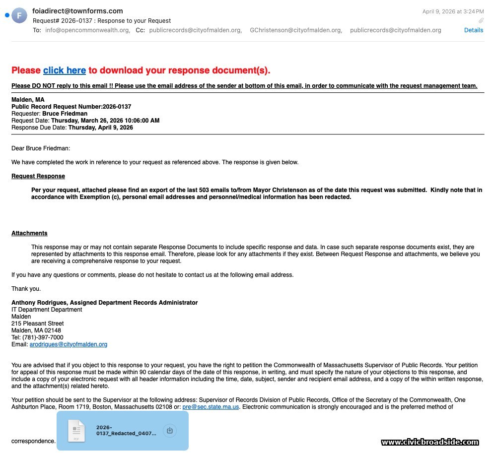 City of Malden response to Public Records Request #2026-0137, filed by Bruce Friedman on March 26, 2026, providing an export of the last 503 emails to or from Mayor Christenson
