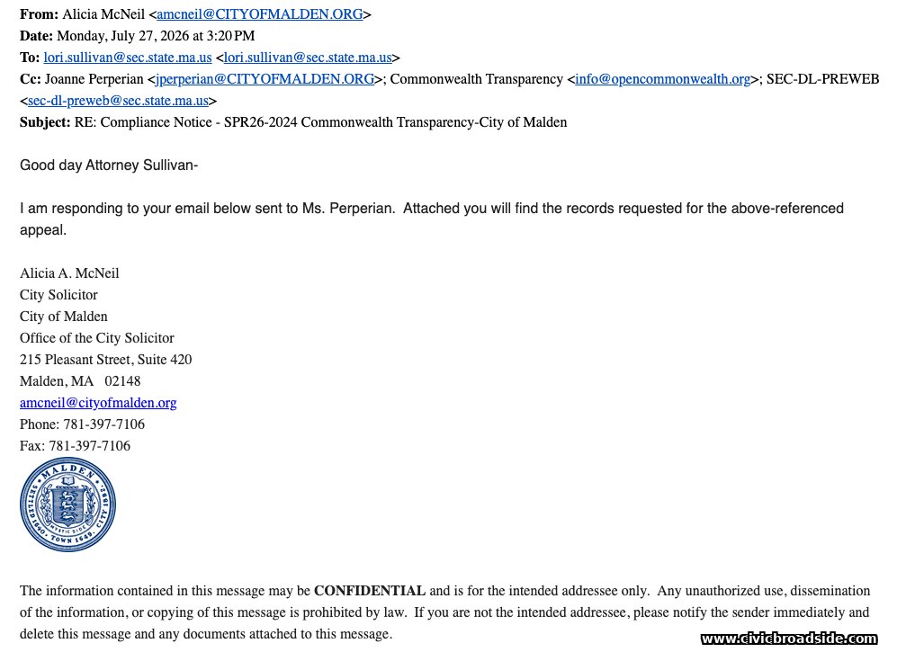 City Solicitor's email releasing unredacted billing records