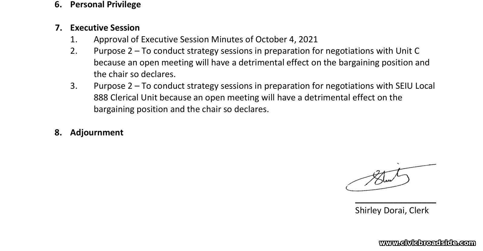 Excerpt of the November 8, 2021 School Committee docket showing the full, noticed Executive Session agenda: approval of prior minutes and two collective-bargaining strategy sessions, signed by Clerk Shirley Dorai