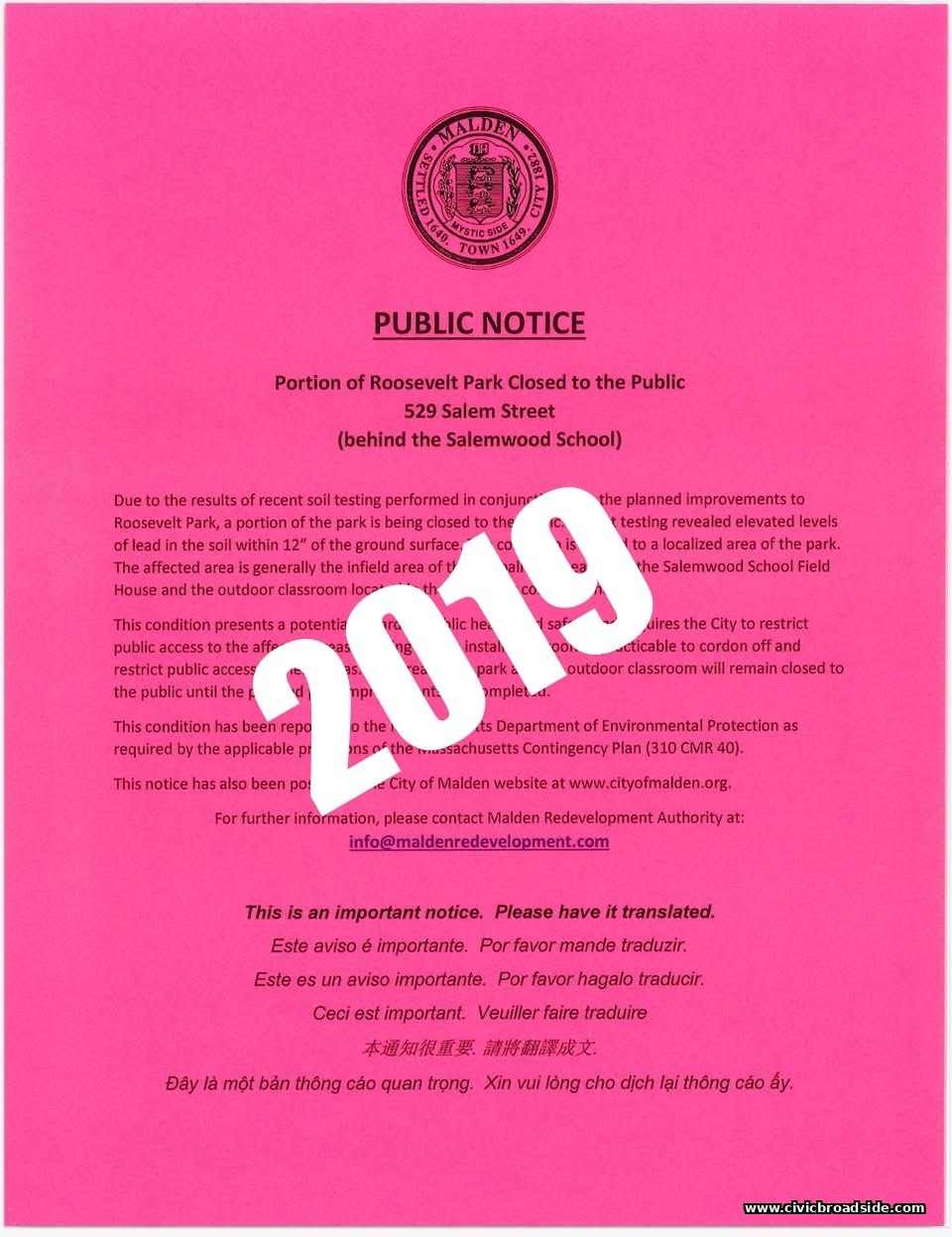 December 2019 Public Notice from the City of Malden announcing a portion of Roosevelt Park closed to the public due to elevated lead levels in the soil, at 529 Salem Street behind the Salemwood School