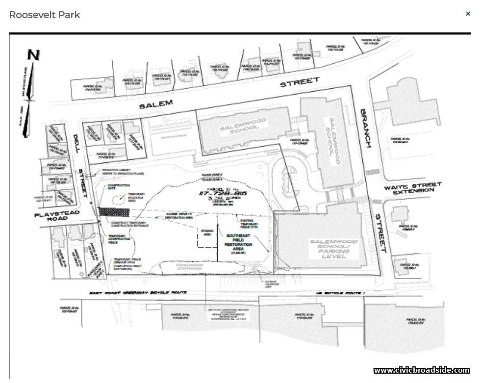 Site plan for the Roosevelt Park Improvement Project, showing the park's footprint against Salemwood School, Salem Street, Dell Street, and Playstead Road