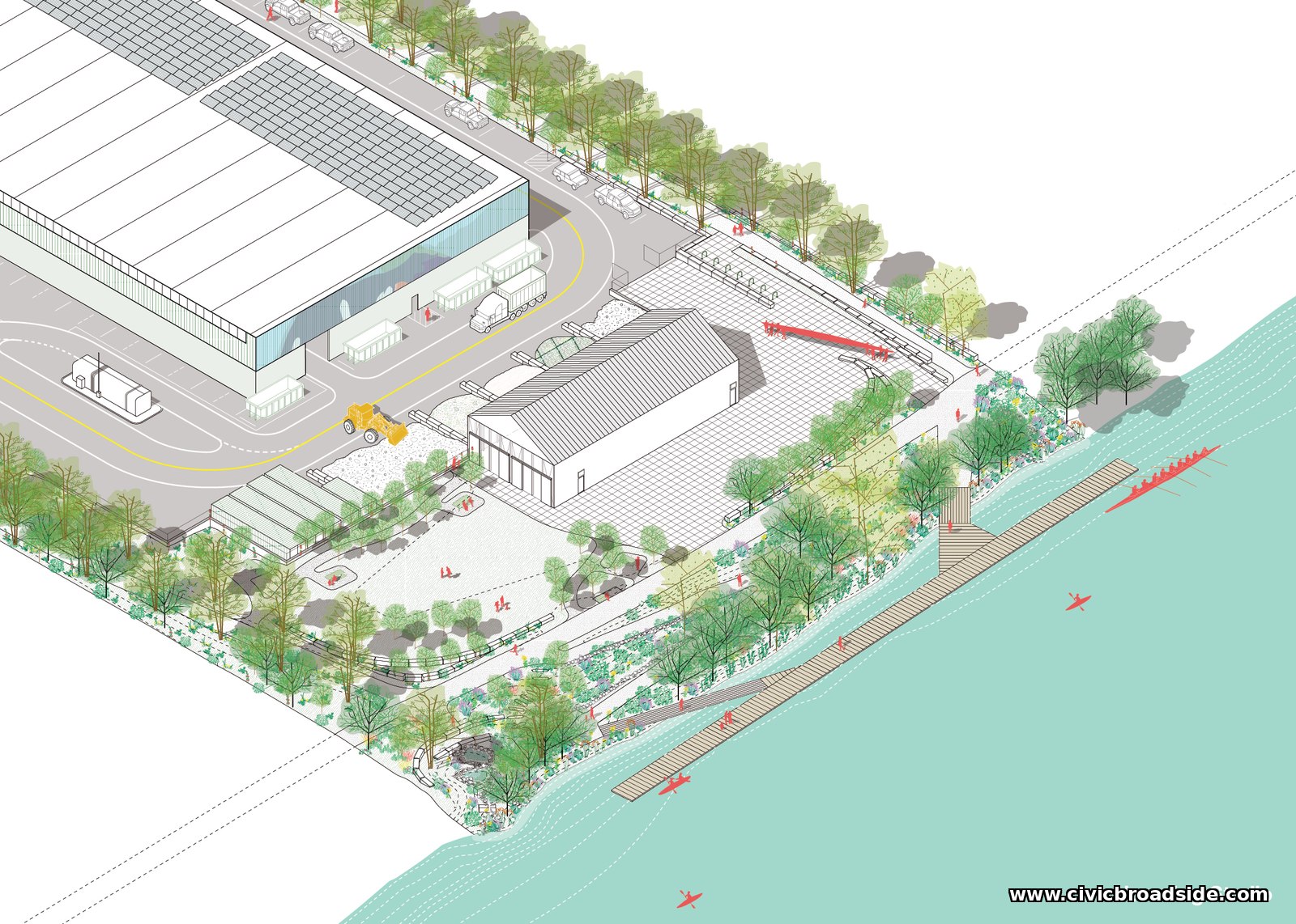 Original architectural rendering of the Malden River Works Park