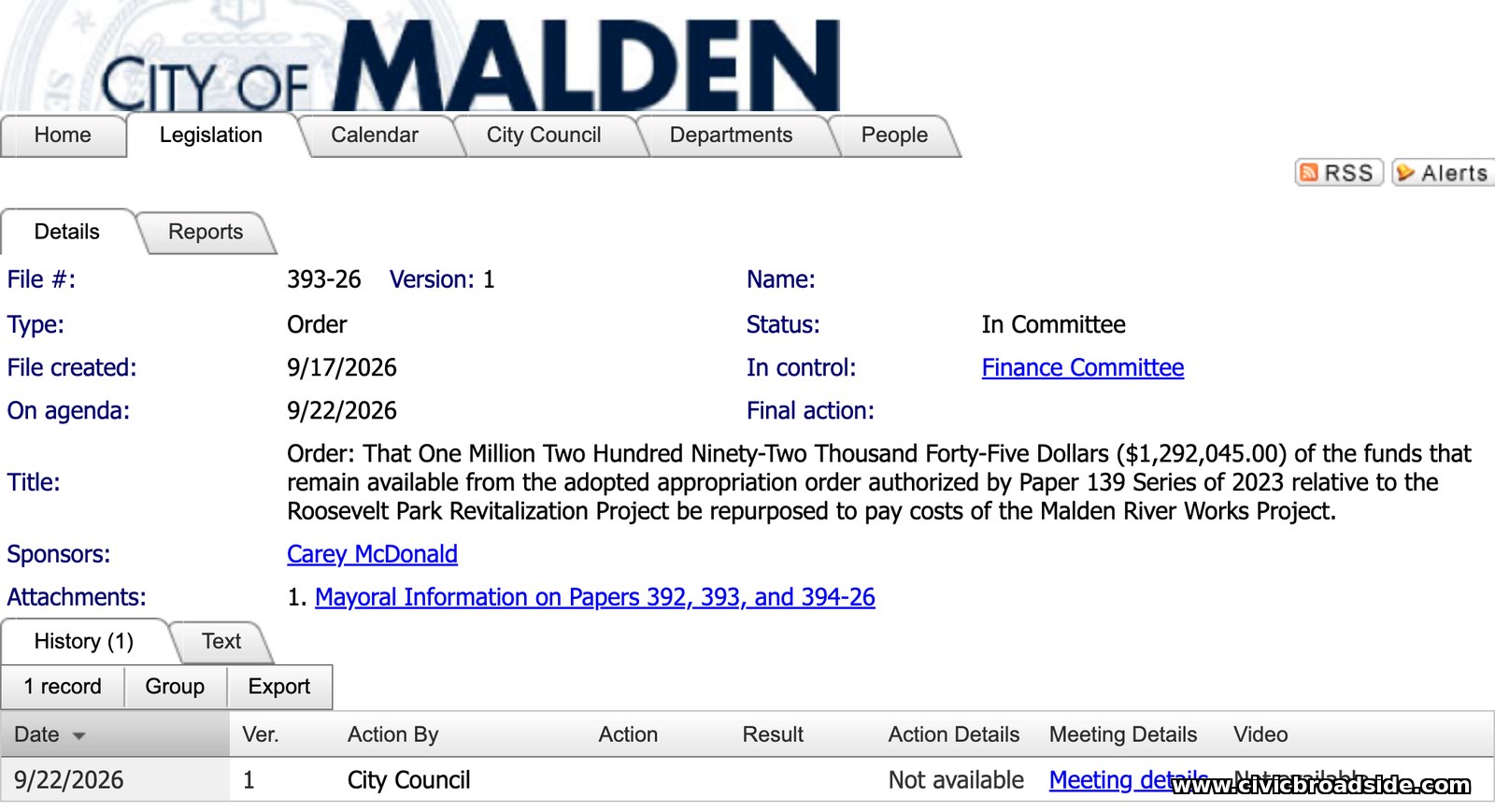 City Council Paper #393-26, reappropriating Roosevelt Park funds