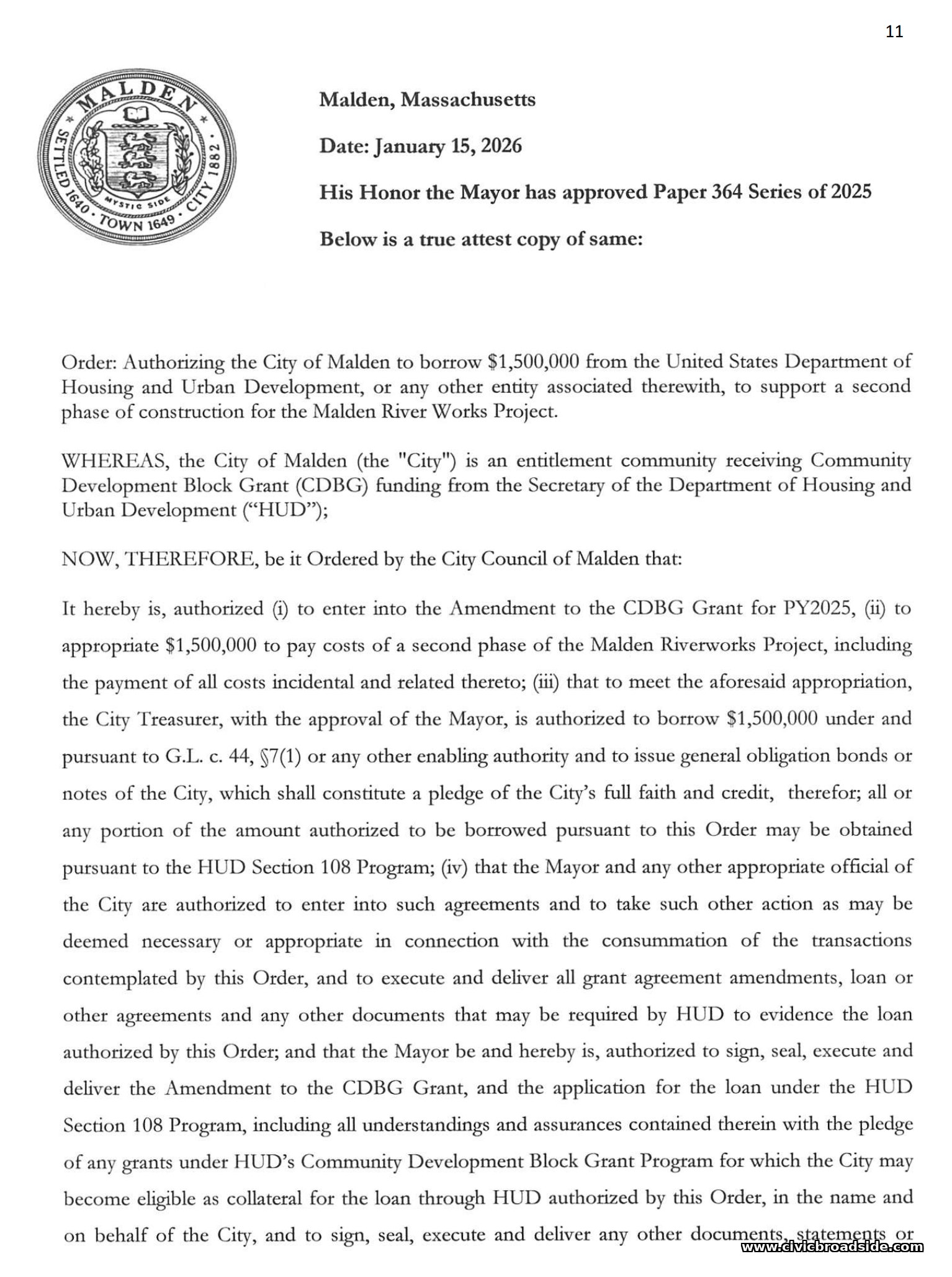 Mayor's HUD Section 108 borrowing request, page 1