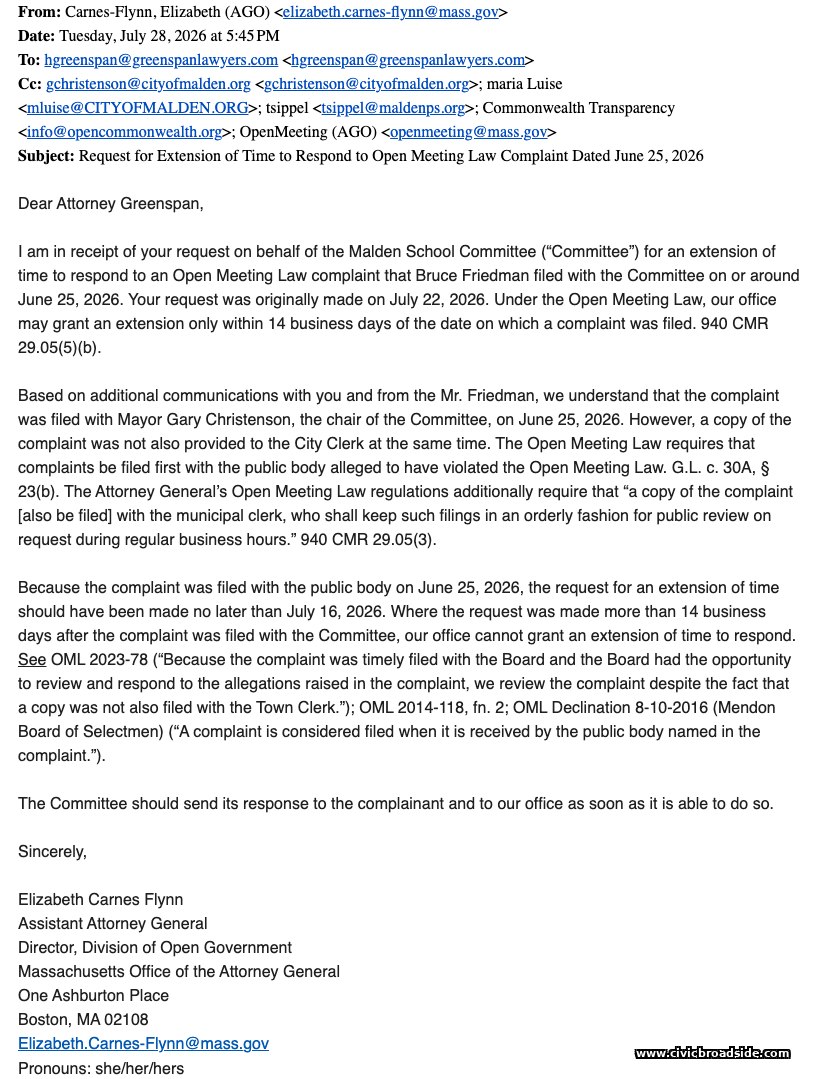 Email from Assistant Attorney General, July 28, 2026