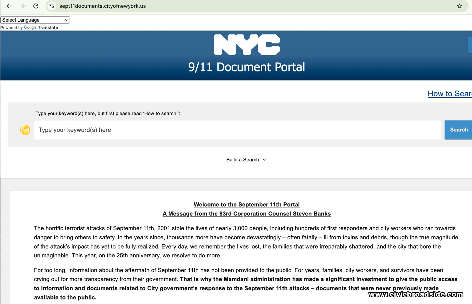 Homepage of the City of New York's September 11th Document Portal