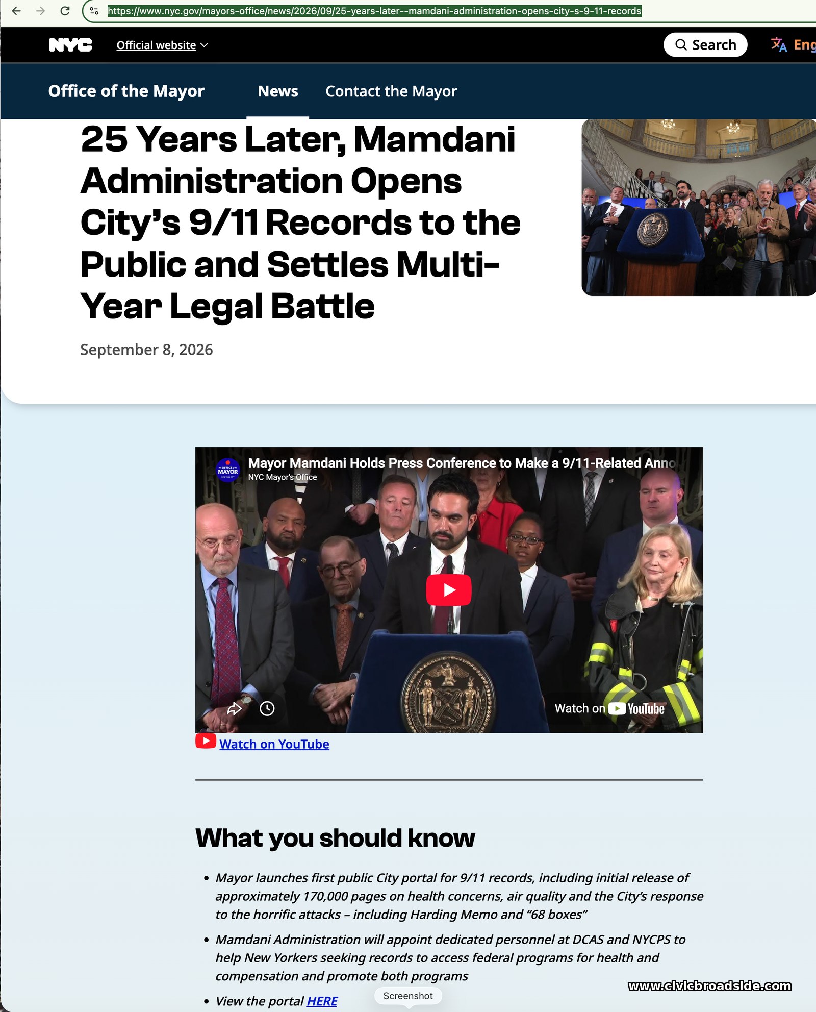 NYC Mayor's Office news release announcing the 9/11 records portal, with a photo of the Sept. 8, 2026 press conference