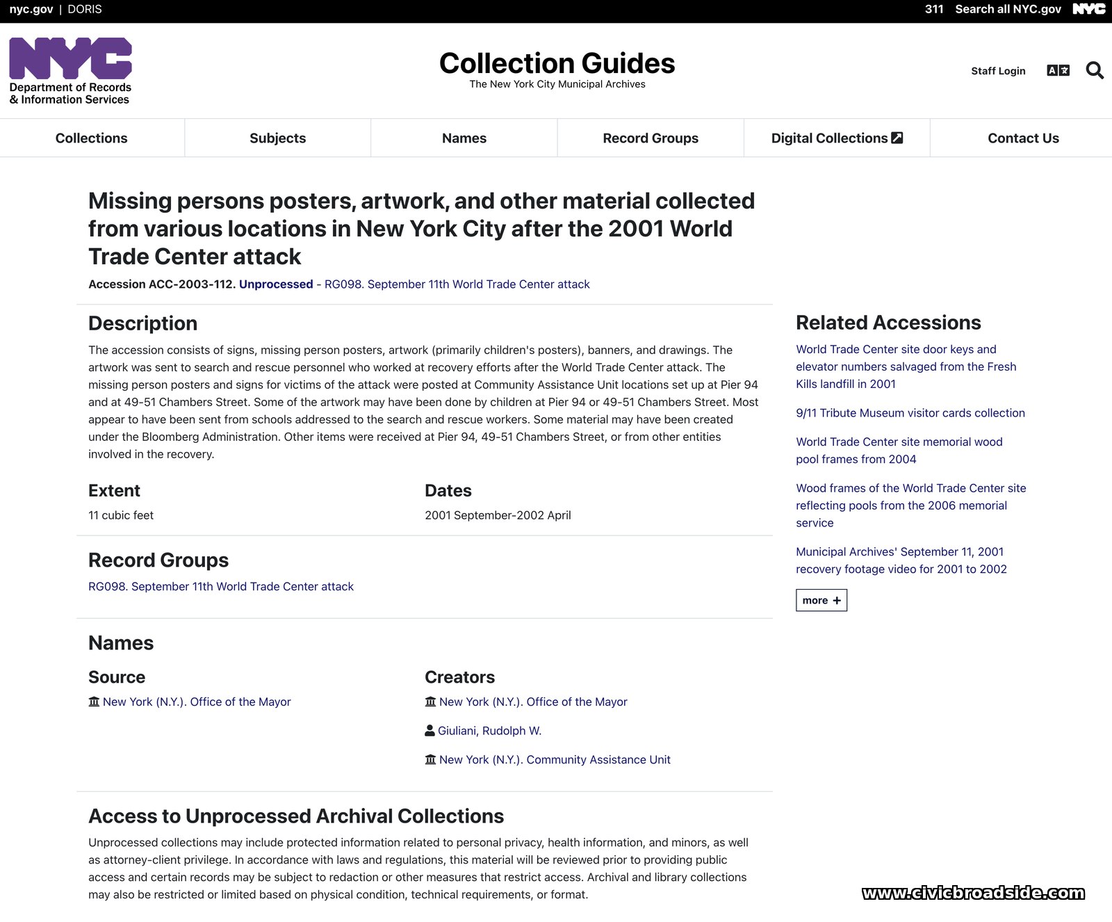 NYC DORIS collection guide entry for missing-person posters and artwork collected after the World Trade Center attack