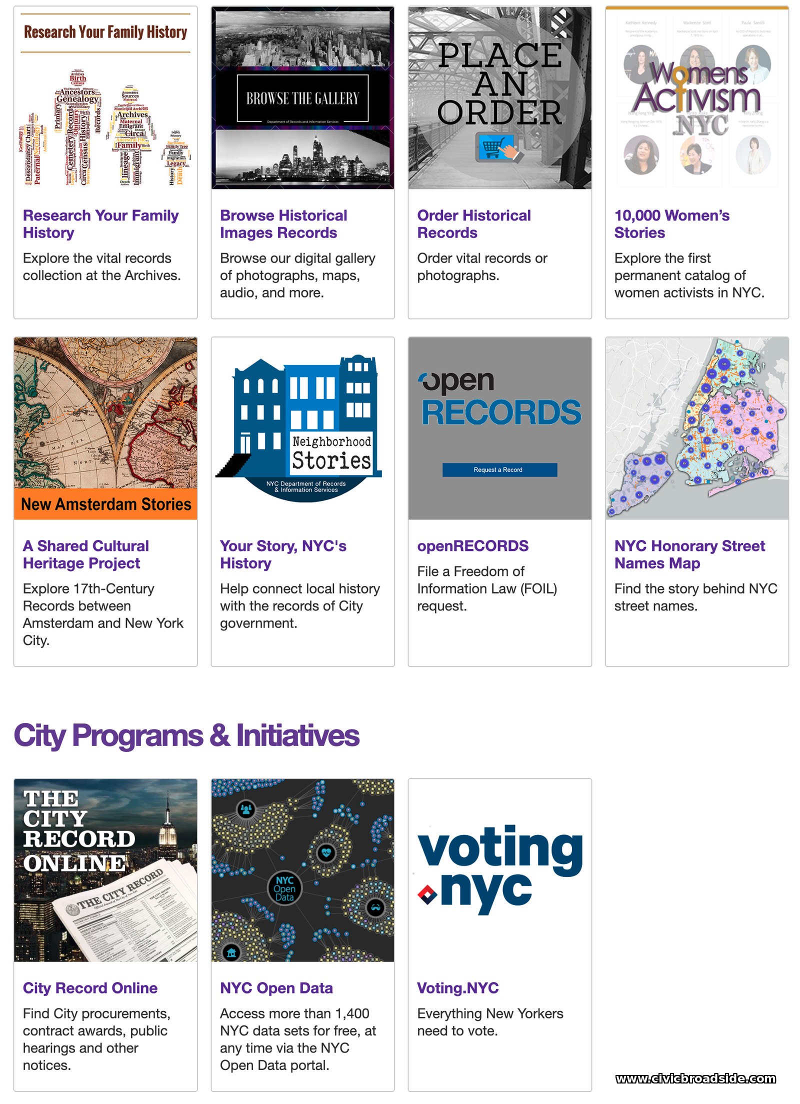NYC Department of Records & Information Services landing page, showing openRECORDS and other city records tools