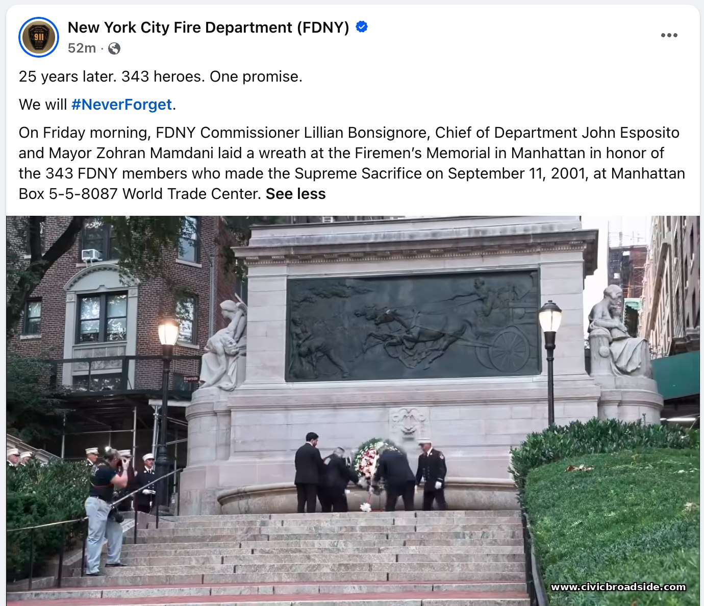 Facebook post from FDNY showing Commissioner Lillian Bonsignore, Chief John Esposito, and Mayor Mamdani laying a wreath at the Firemen's Memorial