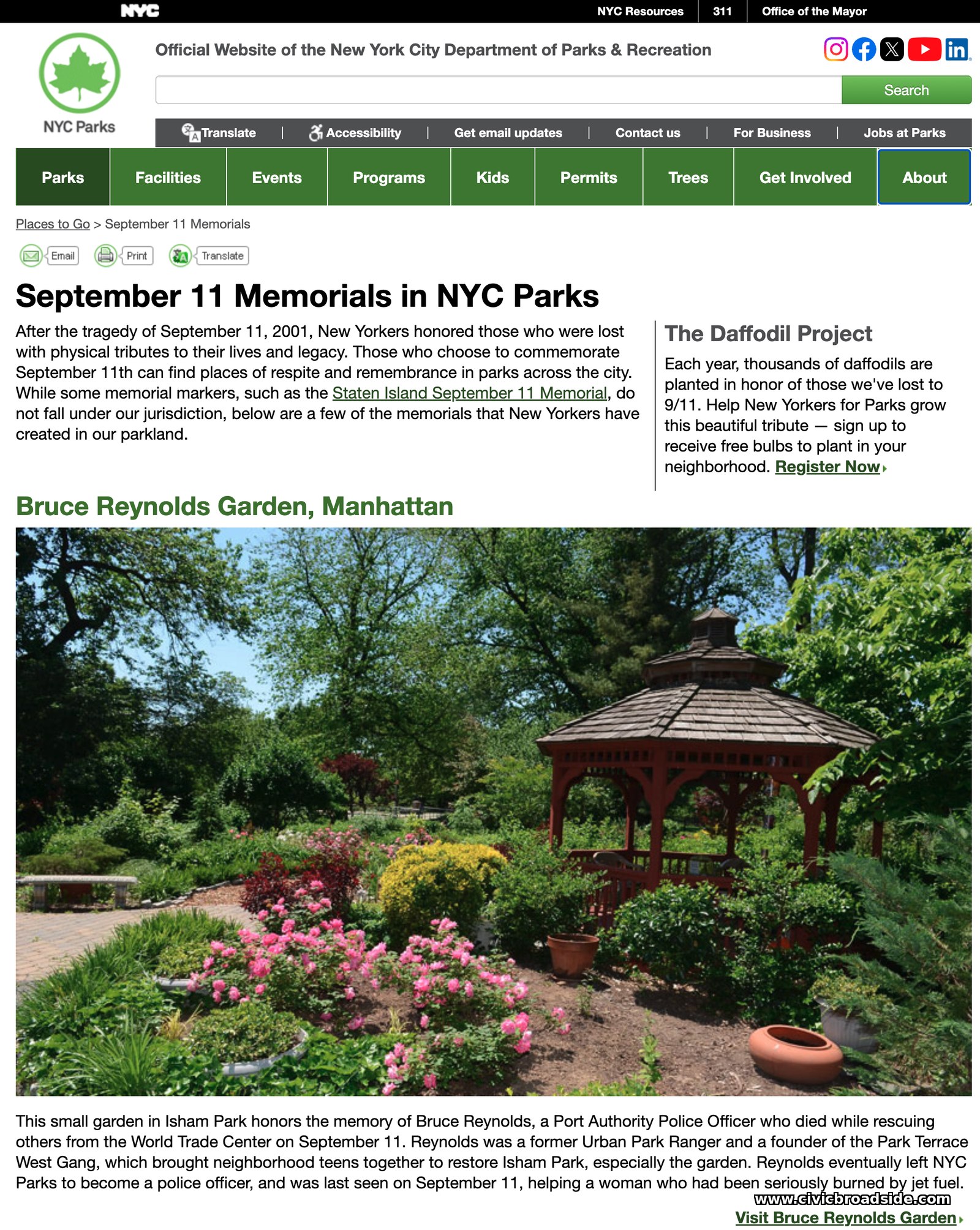NYC Parks page on the Bruce Reynolds Garden in Isham Park, a September 11 memorial