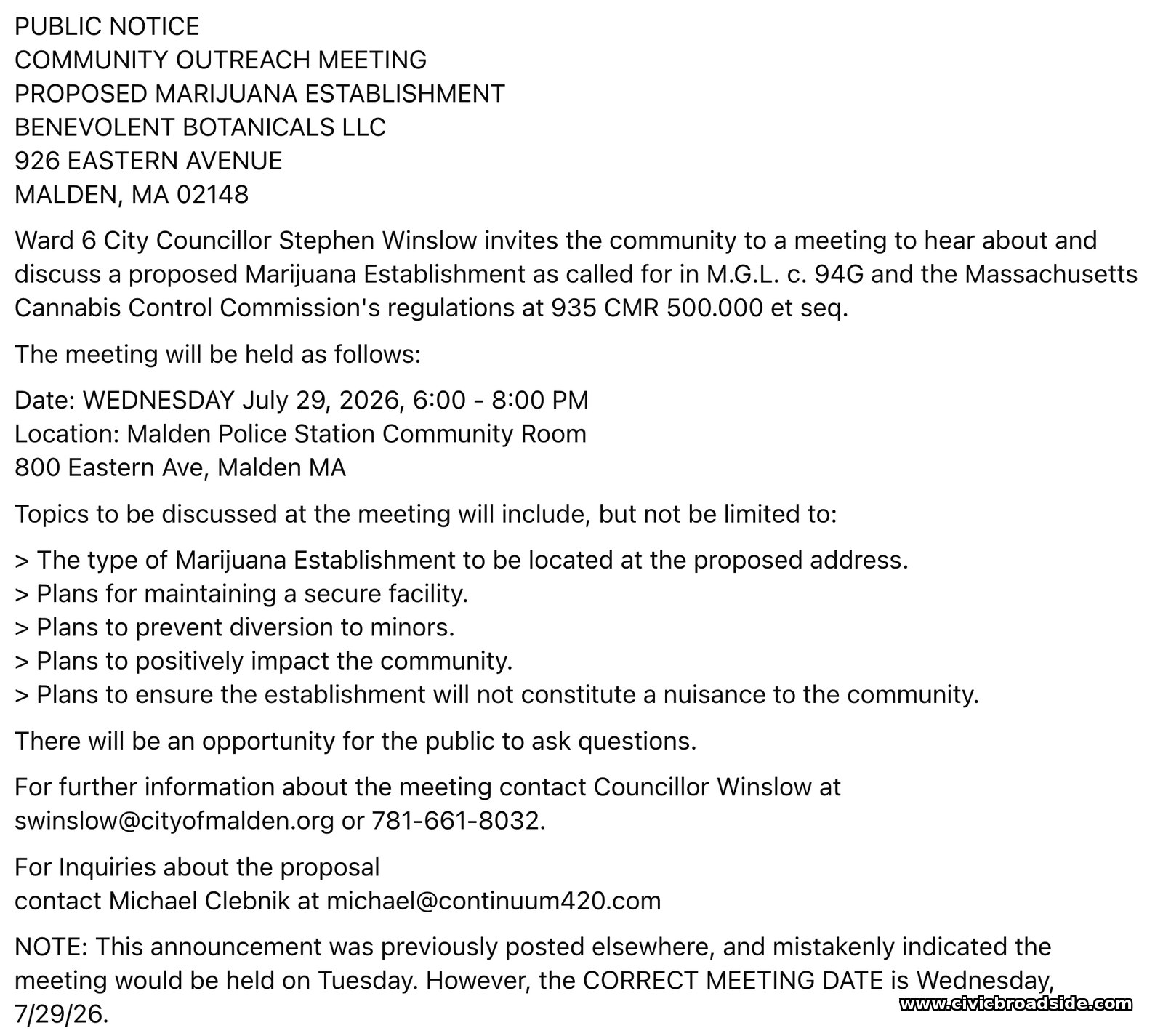 Notice of the July 29 Community Outreach Meeting for The Foundry, at the Malden Police Department community room