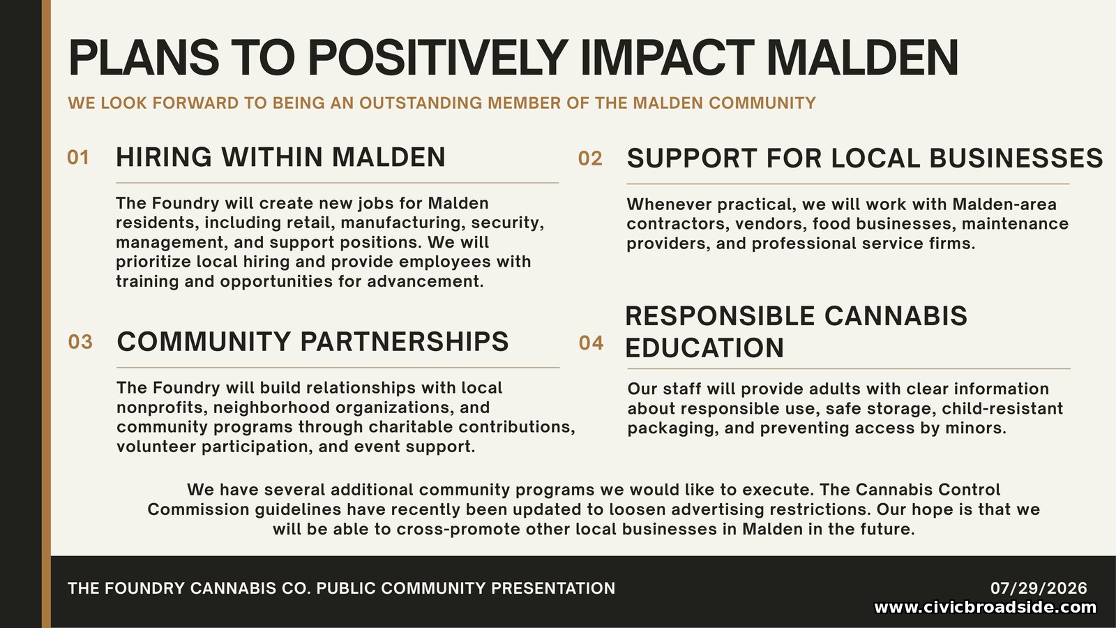 Slide describing Benevolent Botanicals' stated plans to positively impact Malden