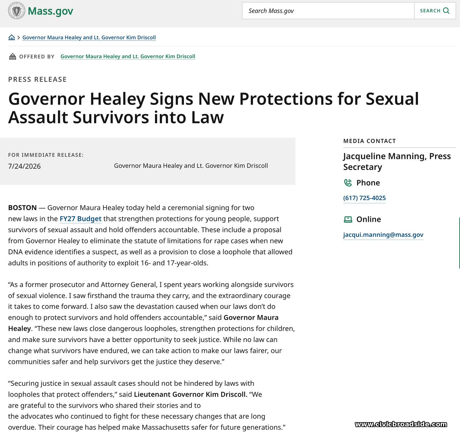 Mass.gov press release dated July 24, 2026 announcing the ceremonial signing of the Trusted Adults Act and the DNA statute-of-limitations law